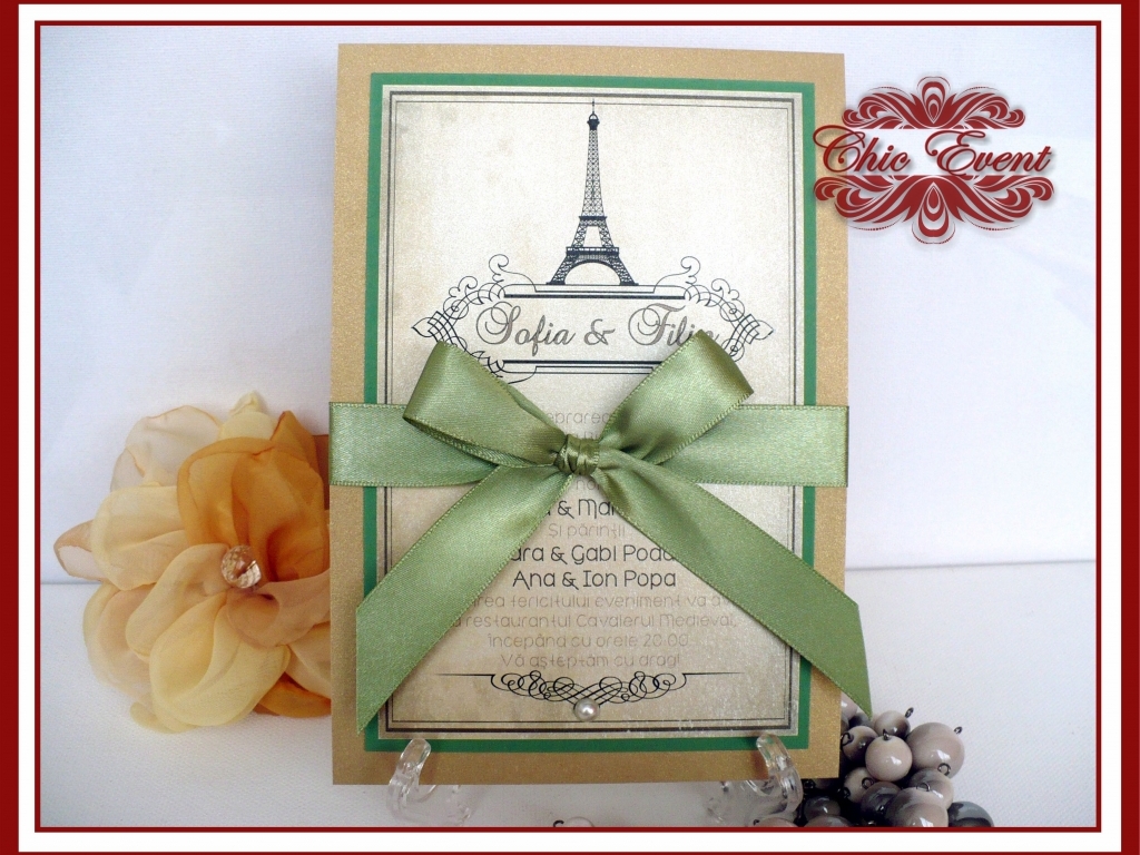 Invitatie de nunta handmade Love in PARIS cu nuante discrete de mar verde
