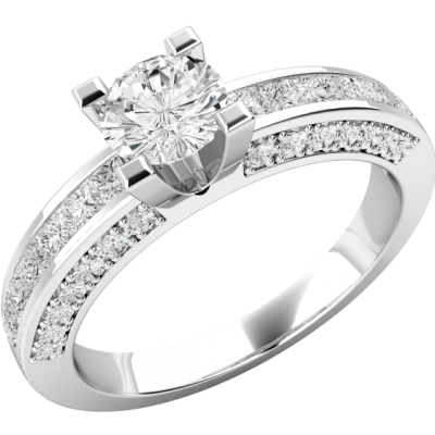 Inel de Logodna Solitaire cu Diamante Mici pe Lateral Dama Aur Alb 18kt cu un Diamant Central Rotund si Diamante Princess pe Margini RD174W