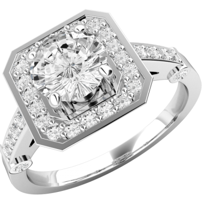 Inel de Logodna Solitaire cu Diamante Mici pe Lateral Dama Aur Alb 18kt cu Diamant Rotund Briliant in Centru si Diamante Mici Rotunde Imprejur RD516W