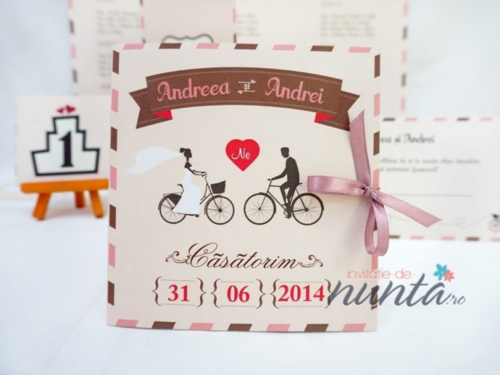 Invitatie de nunta roz Love Bicycles