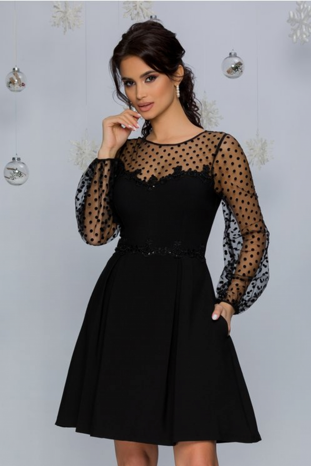 Rochie MBG neagra din stofa si tull cu buline