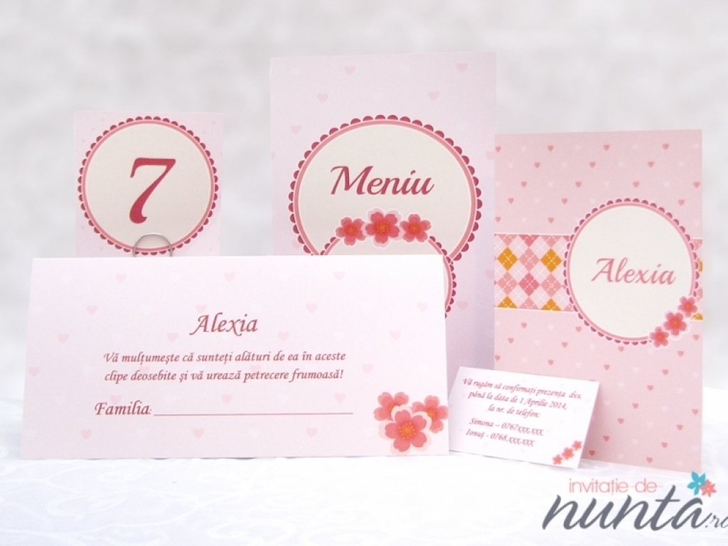 Meniu de botez cu inimioare si floricele Sweet Pink