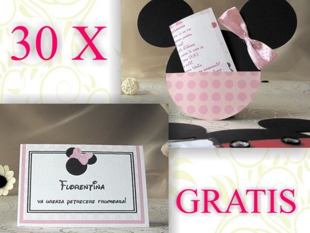 Oferta invitatii botez Minnie Mouse si card asezare gratuit