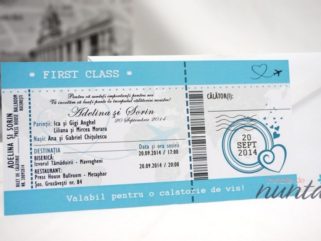 Invitatie de nunta bilet de avion Love Journey