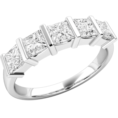 Inel Semi Eternity Dama Aur Alb, 18kt cu 5 Diamante Princess in Setare cu Bara RD593W