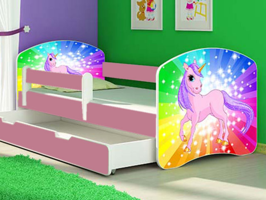 Patut Tineret MyKids Rainbow Unicorn cu Sertar si Saltea 140x70