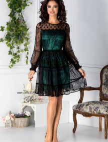 Rochie LaDonna verde din tull negru cu insertii florale si buline