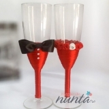 Set pahare miri cu papion si trandafiri Satin Rouge