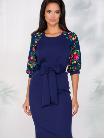 Rochie Teresa bleumarin cu imprimeu floral la maneci