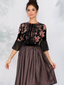 Rochie Ladonna neagra cu bust din catifea si motive florale