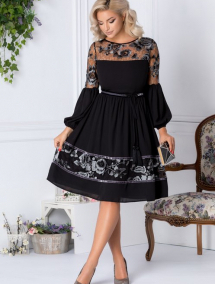 Rochie LaDonna clos neagra cu flori gri brodate